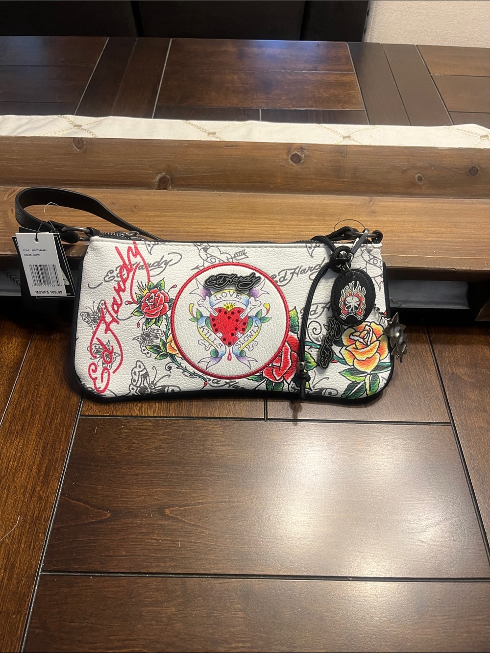 Ed Hardy White Floral Tattoo Wristlet with Red and Yellow Accents